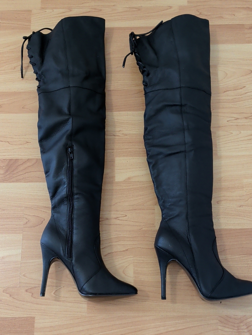 Ellie Black Over-the-Knee Stiletto Boots with Back Lace Detail